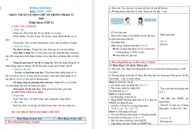 Giáo án Toán 3: Nhân với số có một chữ số trong phạm vi 1000 (tiếp theo)