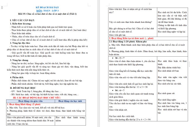 Giáo án Toán 3: Chia số có hai chữ số cho số có một chữ số