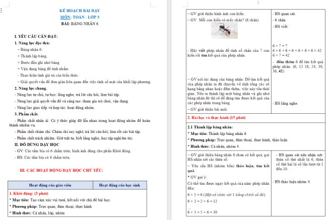 Giáo án Toán 3: Bảng nhân 6