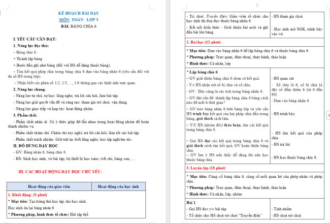 Giáo án Toán 3: Bảng chia 6