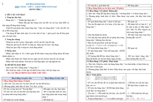 Giáo án Toán 3: Bảng chia 7