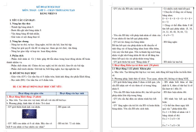 Giáo án Toán 3: Bảng nhân 8