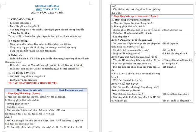 Giáo án Toán 3: Bảng chia 9