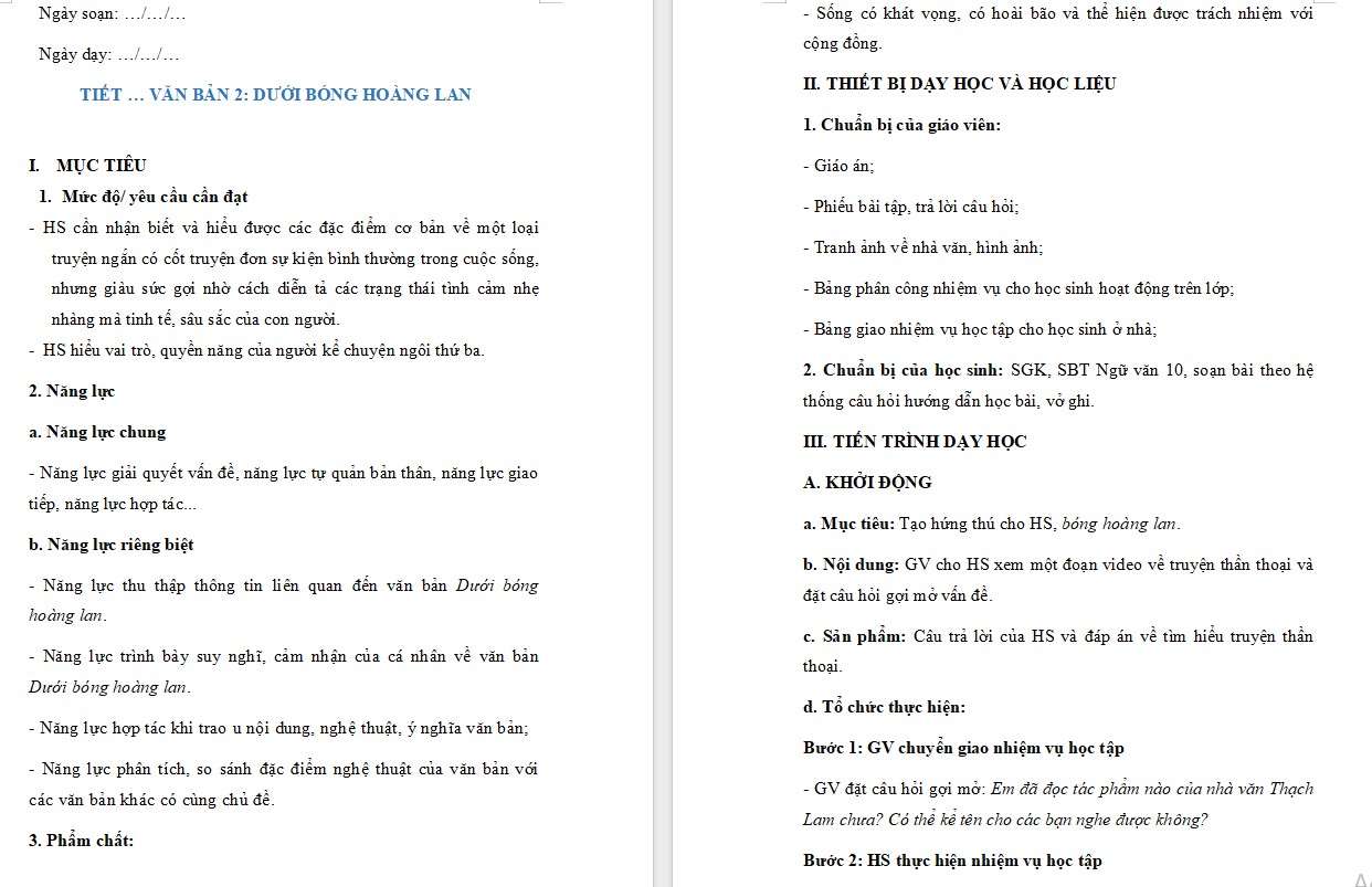 KHBD Ngữ văn 10 Bài Dưới bóng hoàng lan