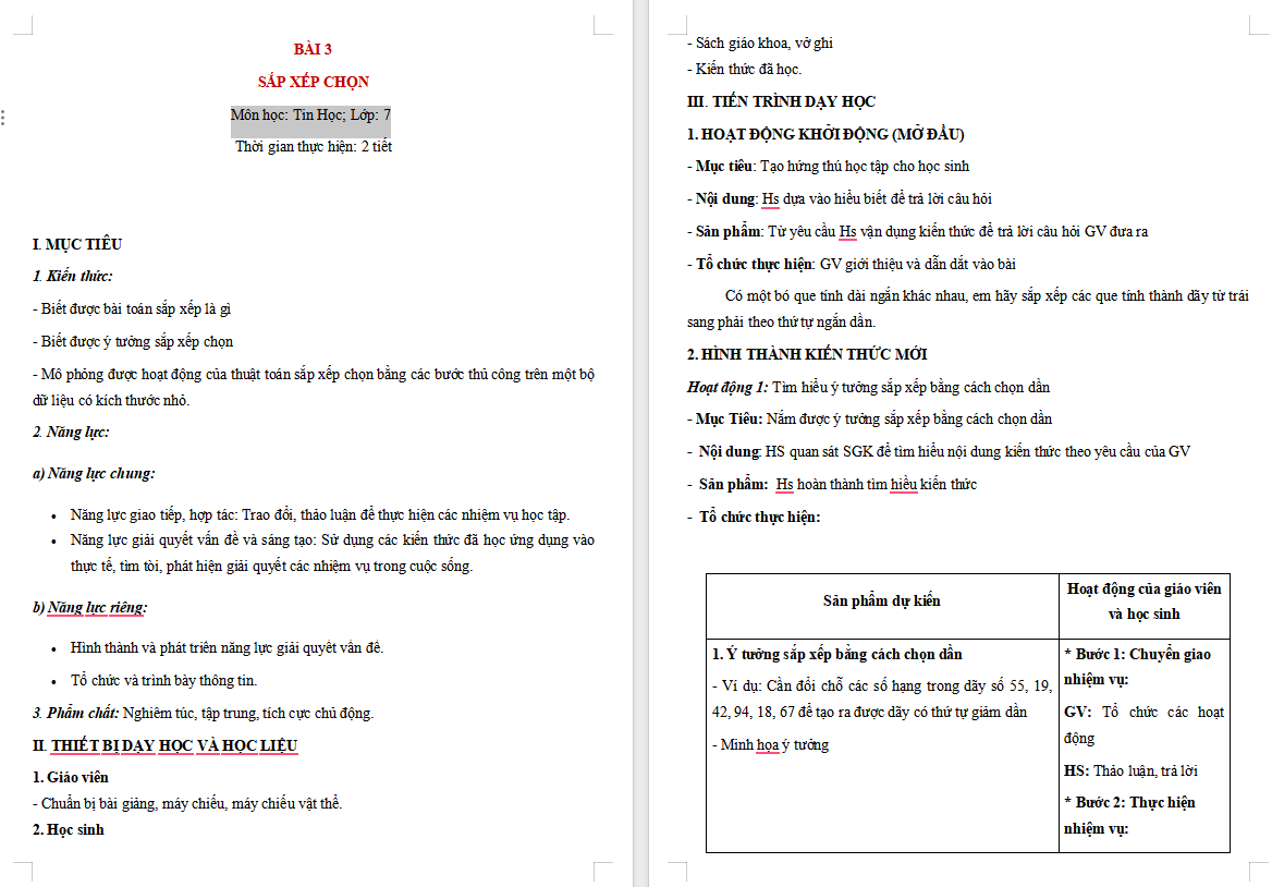 Tin học 7 Bài 3: Sắp xếp chọn