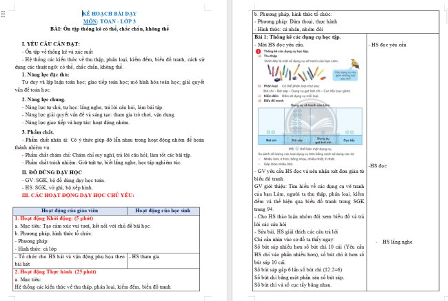 Giáo án Toán 3: Ôn tập thống kê có thể, chắc chắn, không thể