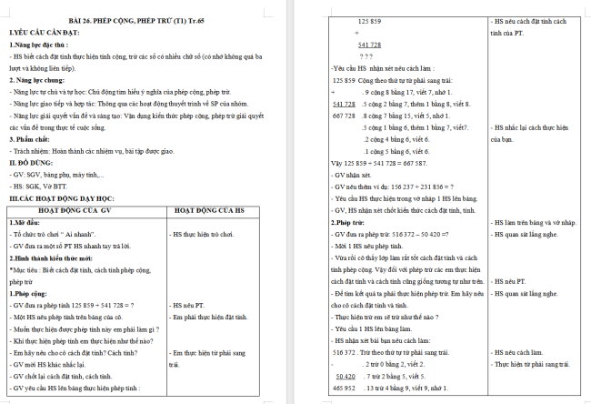 Giáo án Toán 4 Bài 26: Phép cộng, phép trừ