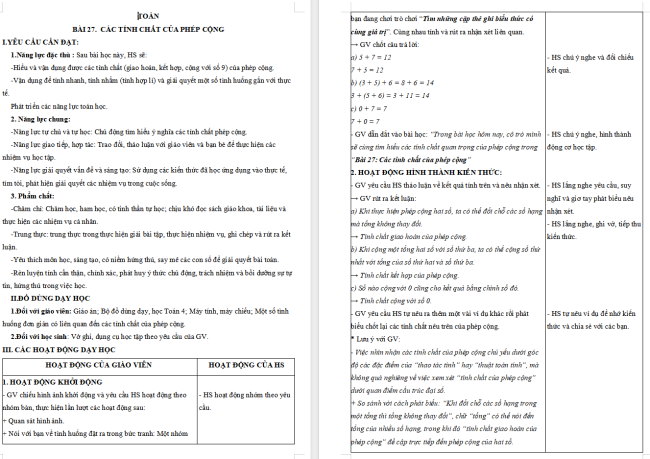 Giáo án Toán 4 Bài 27: Các tính chất của phép cộng