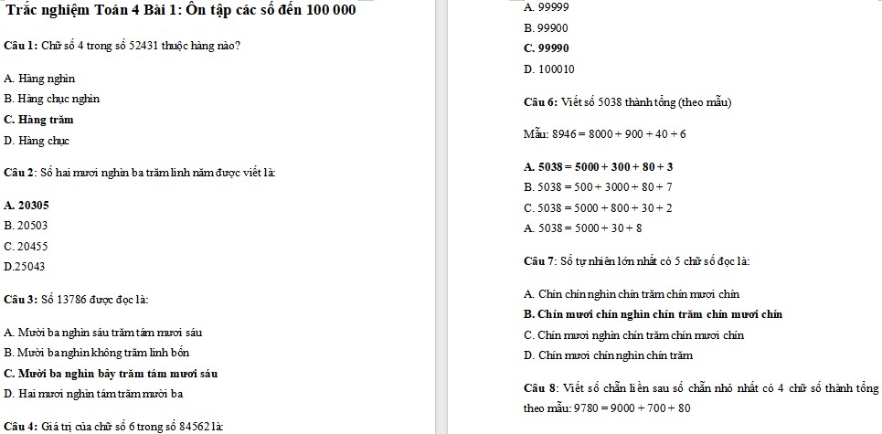 Trắc nghiệm Toán 4 Kết nối tri thức Bài 1: Ôn tập các số đến 100 000