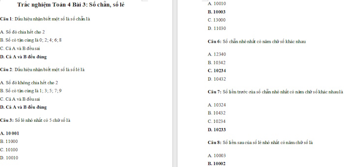 Trắc nghiệm Toán 4 Kết nối tri thức Bài 3: Số chẵn, số lẻ