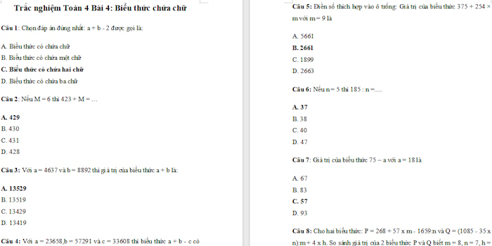 Trắc nghiệm Toán 4 Kết nối tri thức Bài 4: Biểu thức chứa chữ