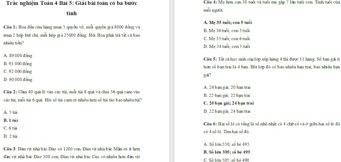Trắc nghiệm Toán 4 Kết nối tri thức Bài 5: Giải bài toán có ba bước tính