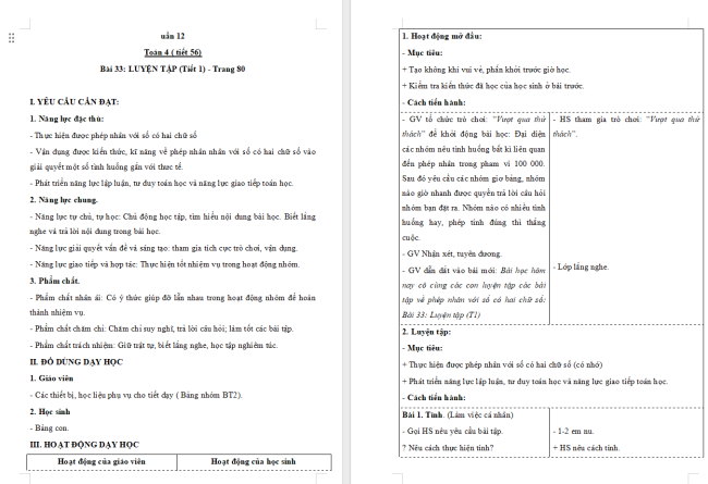 Giáo án Toán 4 Bài 33: Luyện tập