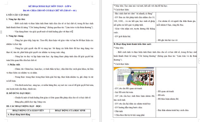 Giáo án Toán 4 Bài 40: Chia cho số có hai chữ số