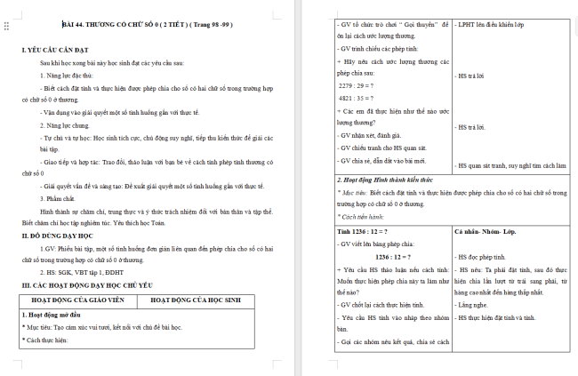 Giáo án Toán 4 Bài 44: Thương có chữ số 0