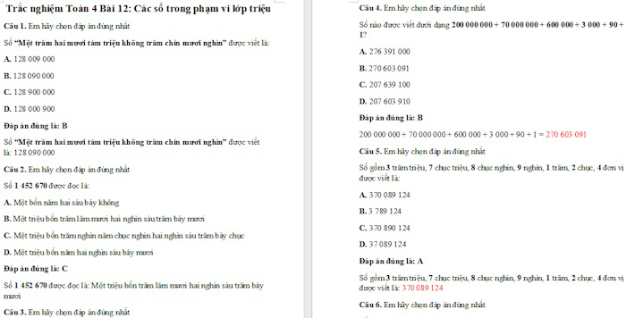 Trắc nghiệm Toán 4 Kết nối tri thức Bài 12: Các số trong phạm vi lớp triệu