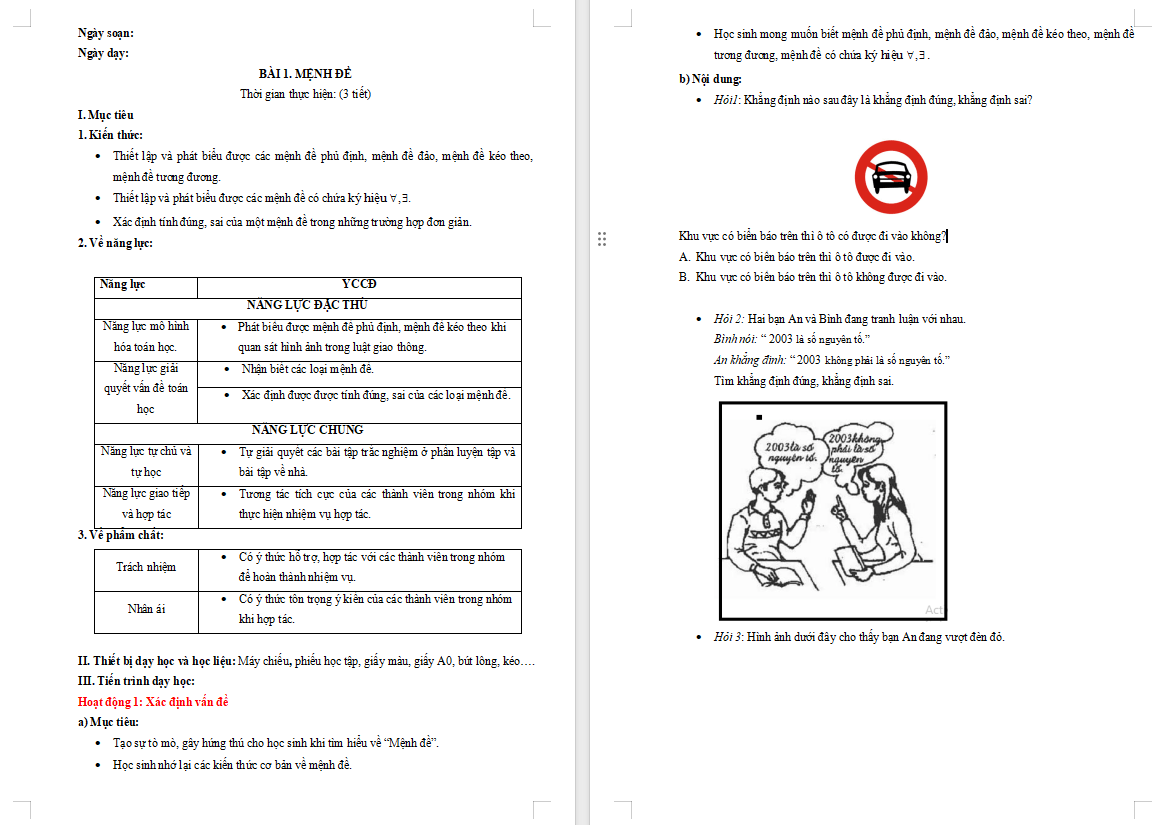 Giáo án Toán 10 Bài 1 Mệnh đề