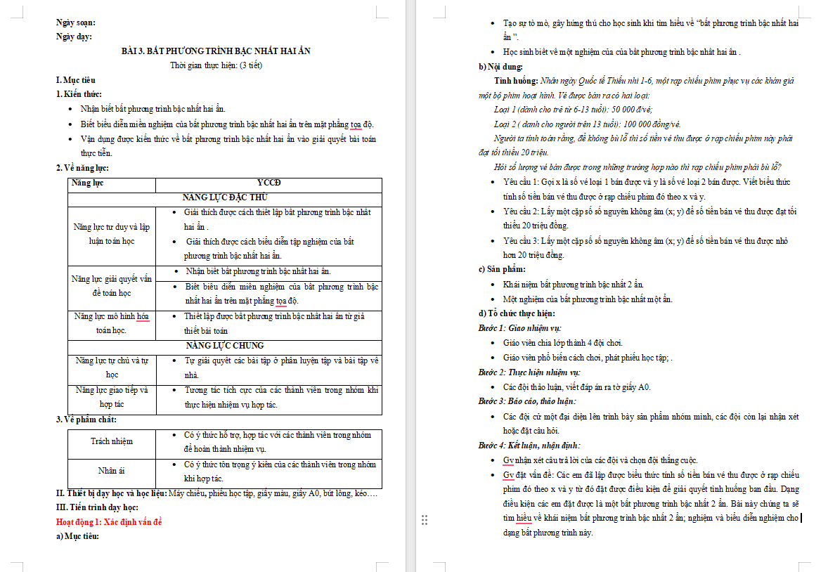 Giáo án Toán 10 Bài 3 Bất phương trình bậc nhất hai ẩn