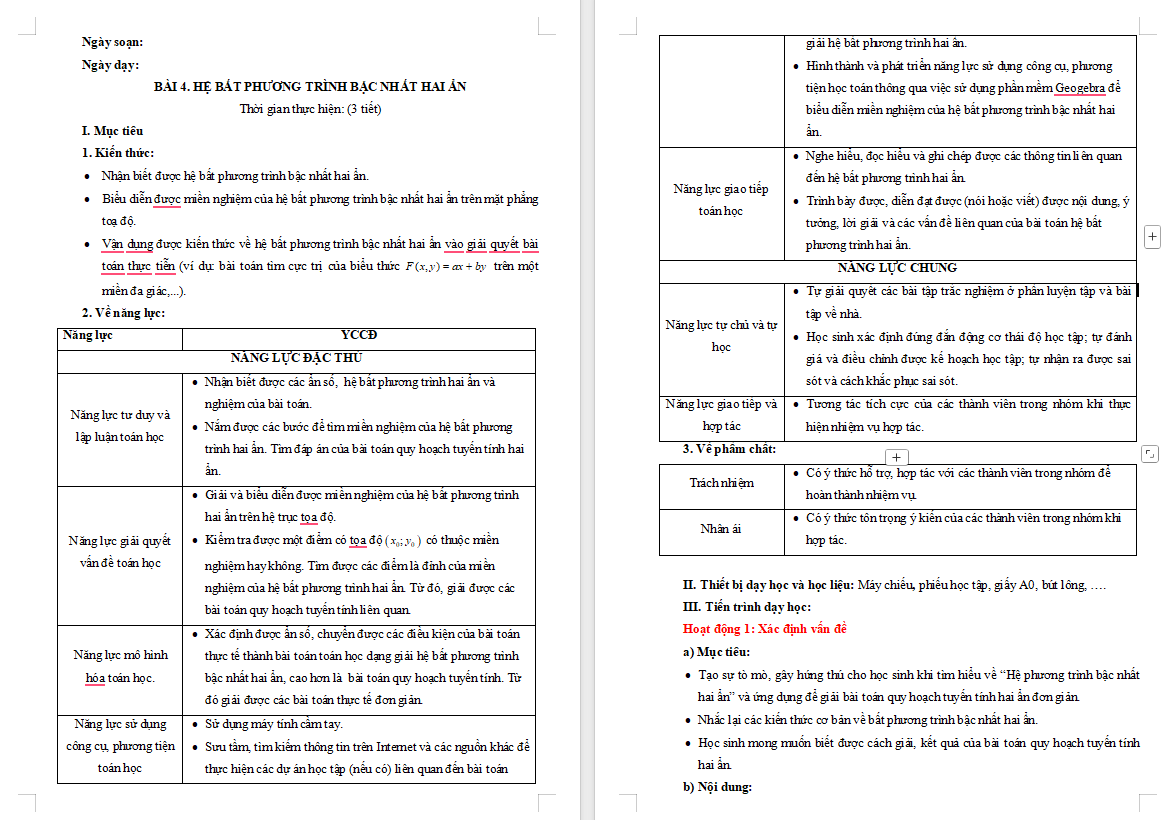 Giáo án Toán 10 Bài 4 Hệ bất phương trình bậc nhất hai ẩn