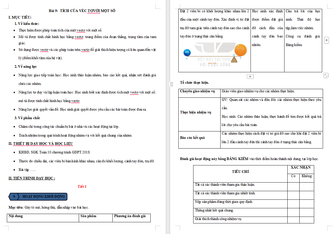 Giáo án Toán 10 Bài 9 Tích của một vectơ với một số