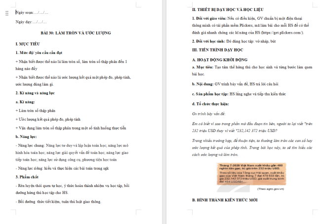Giáo án Toán 6 Bài 30: Làm tròn và ước lượng