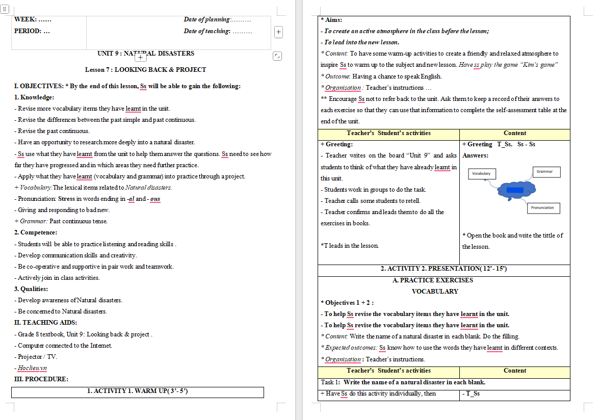Giáo án Tiếng Anh 8 Unit 9: Looking Back