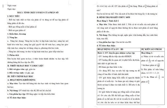 Giáo án Toán 6 Bài 2: Tính chất cơ bản của phân số