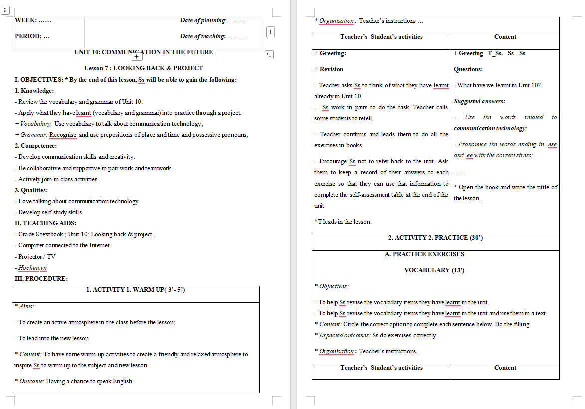 Tiếng Anh 8 Unit 10: Looking Back