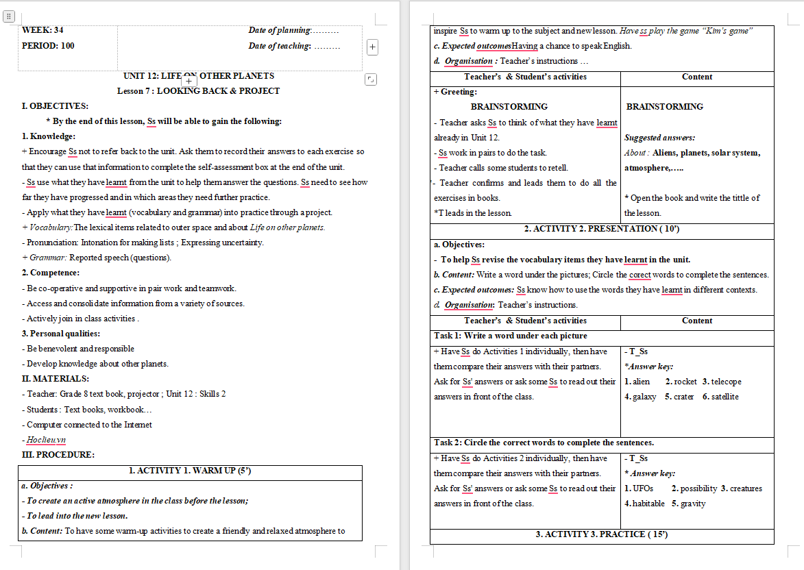 Tiếng Anh 8 Unit 12: Looking Back