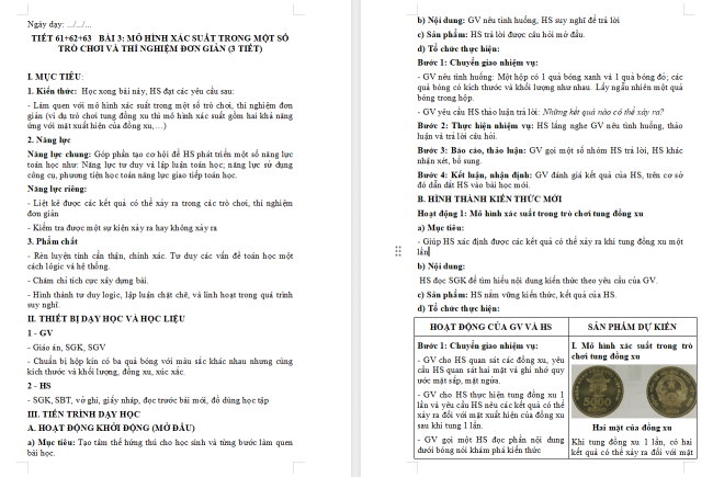 Giáo án Toán 6 Bài 3: Mô hình xác suất trong một số trò chơi và thí nghiệm đơn giản