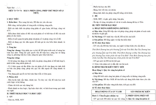 Giáo án Toán 6 Bài 3: Phép cộng. Phép trừ phân số