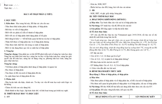 Giáo án Toán 6 Bài 5: Số thập phân