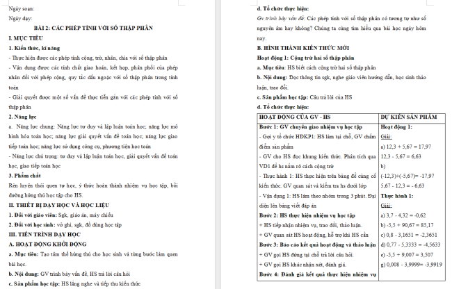 Giáo án Toán 6 Bài 2: Các phép tính với số thập phân