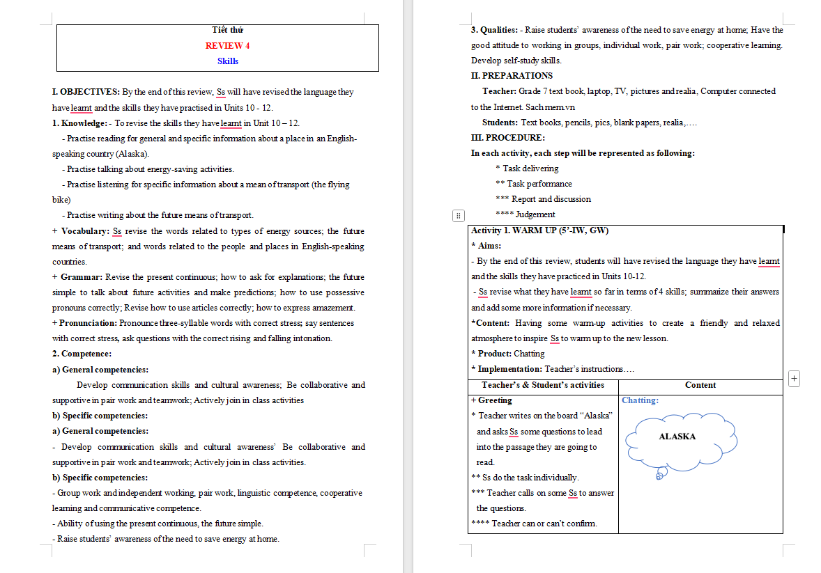 Giáo án Tiếng Anh 7 Review 4: Skills