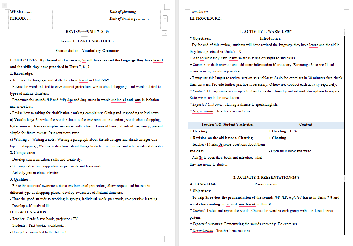 Giáo án Tiếng Anh 8 Review 3: Language