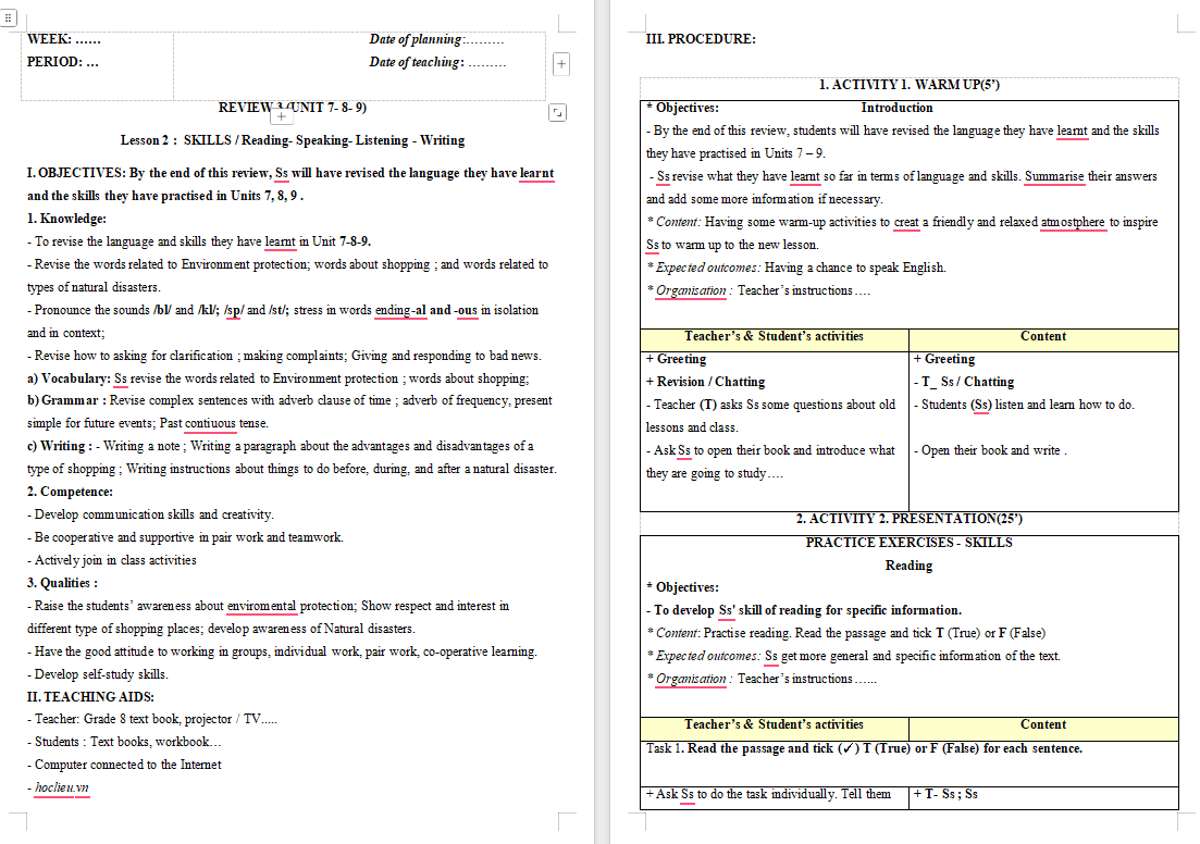 Giáo án Tiếng Anh 8 Review 3: Skills