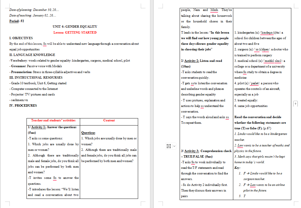 Giáo án Tiếng Anh 10 Unit 6: Getting Started