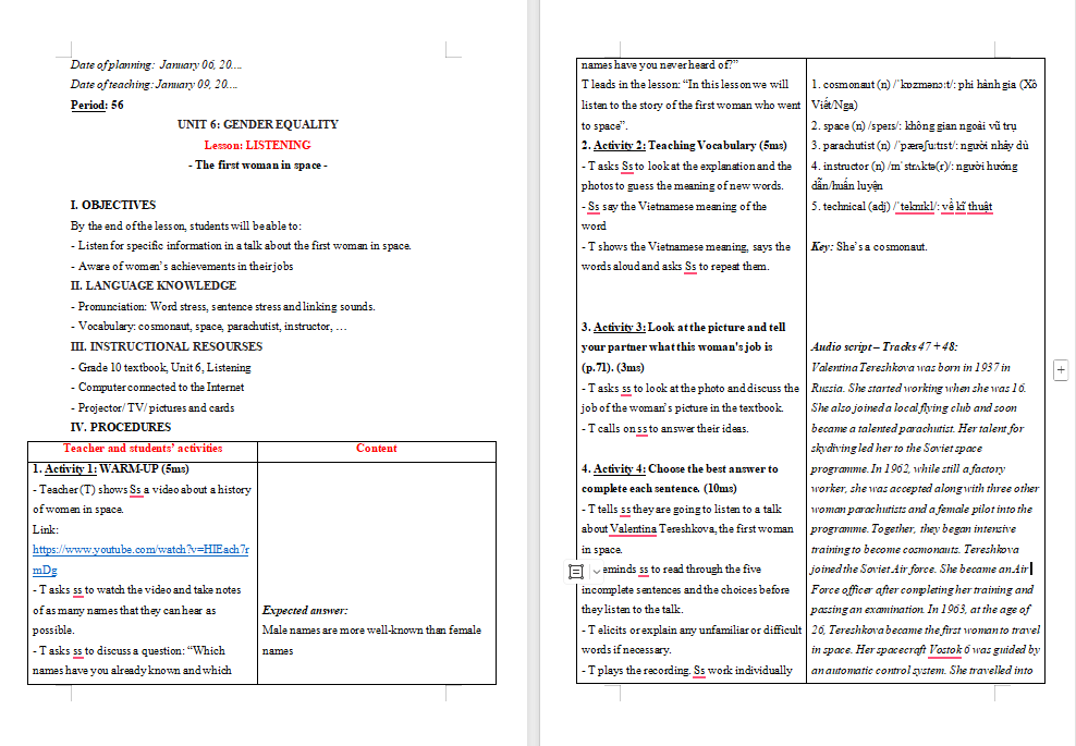 Giáo án Tiếng Anh 10 Unit 6: Listening