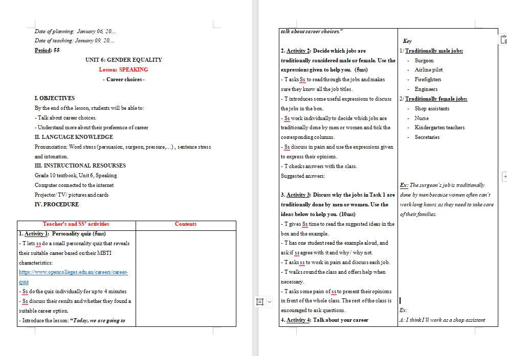Giáo án Tiếng Anh 10 Unit 6: Speaking