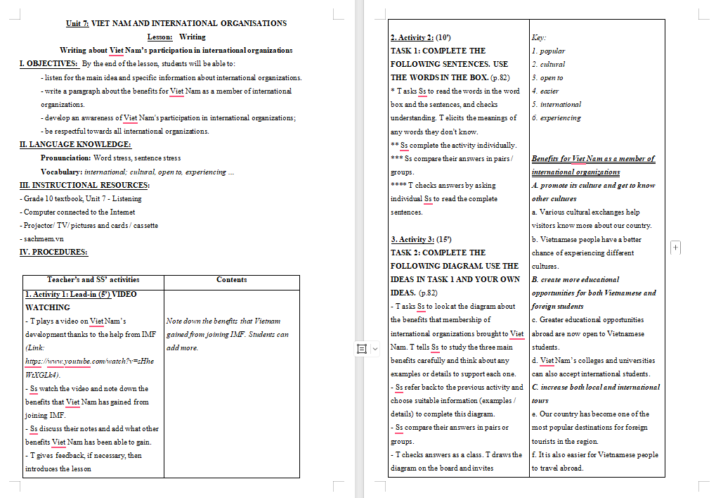 Giáo án Tiếng Anh 10 Unit 7: Writing