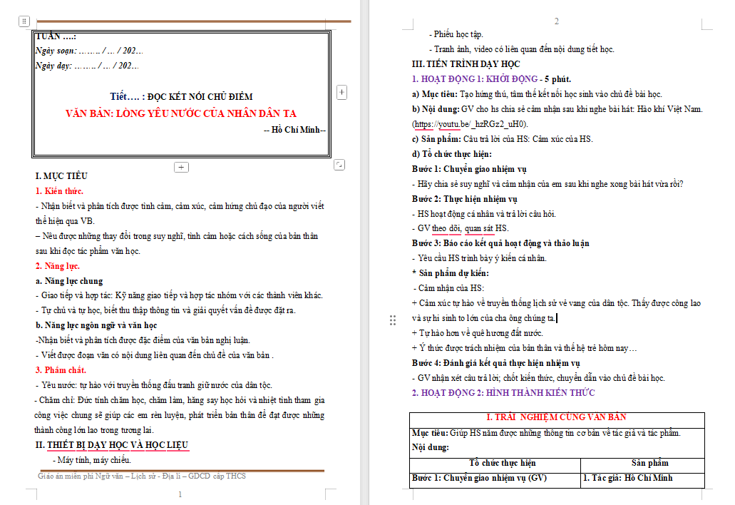 Giáo án Ngữ văn 8 Bài 6: Lòng yêu nước của nhân dân ta
