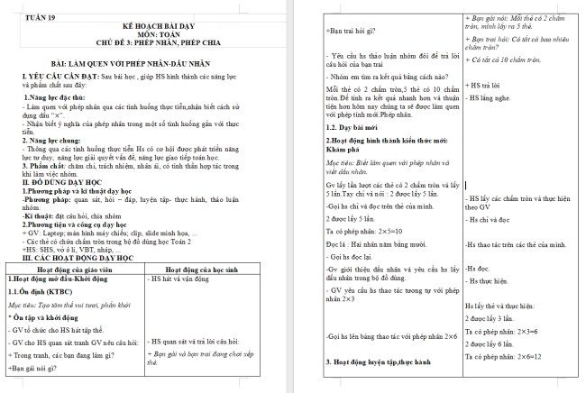 Giáo án Toán 2: Làm quen với phép nhân - dấu nhân