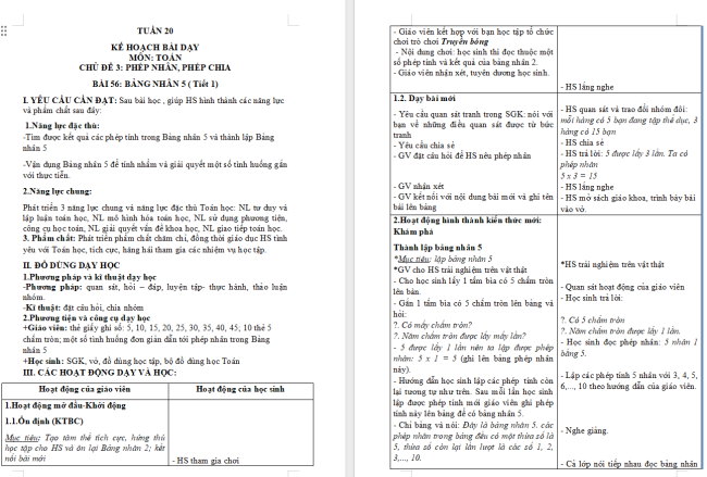 Giáo án Toán 2: Bảng nhân 5