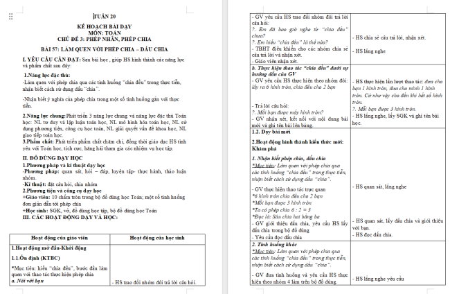 Giáo án Toán 2: Làm quen với phép chia – dấu chia