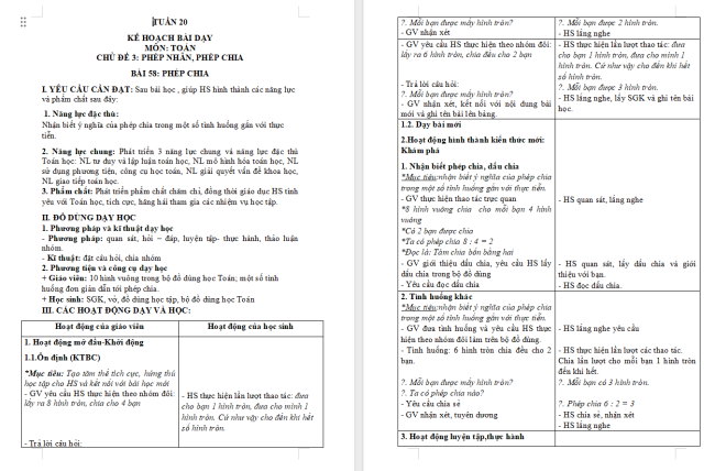 Giáo án Toán 2: Phép chia