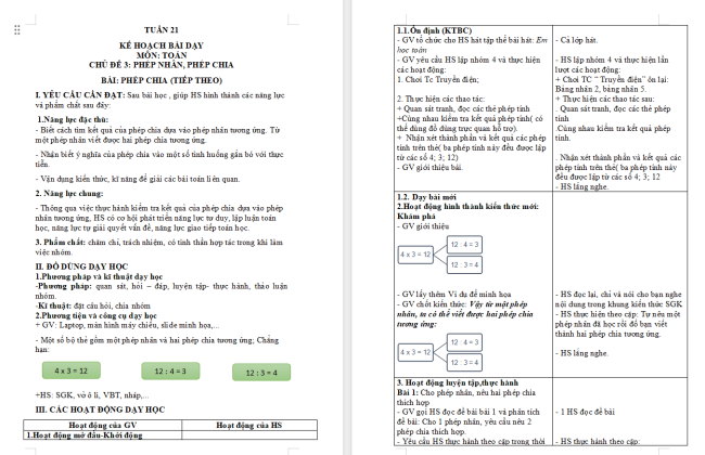 Giáo án Toán 2: Phép chia (tiếp theo)