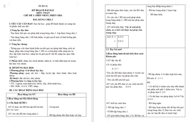 Giáo án Toán 2: Bảng chia 2