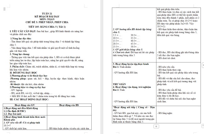Giáo án Toán 2: Bảng chia 5