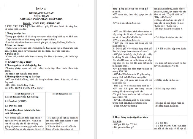 Giáo án Toán 2: Khối trụ - Khối cầu