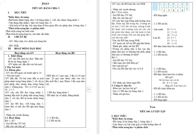 Giáo án Toán 2 Bài 44: Bảng chia 5